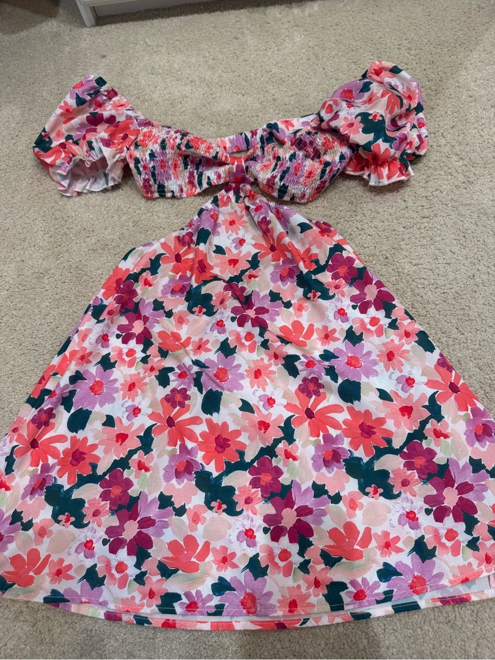 SHEIN Pink Coral and Green Floral Off-Shoulder Girls Dress